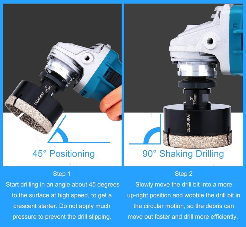 DECKRKAT Diamond Hole Saw, 3" Hole Saw for Tiles Granite Marble Ceramic Glass Porcelain, 75mm Core Drill Bit with 5/8-11 Thread and 3/8” Hex Shank Adapter for Angle Grinders & Drills - Image 3